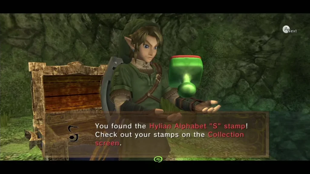 Link holding the Hylian Alphabet S stamp beside an opened chest Link holding the Hylian Alphabet S stamp beside an opened chest