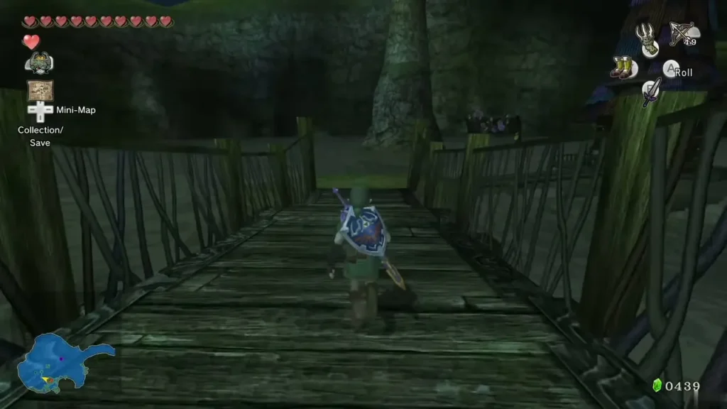Link walking along the wooden dock at Lake Hylia toward Fyer Link walking along the wooden dock at Lake Hylia toward Fyer