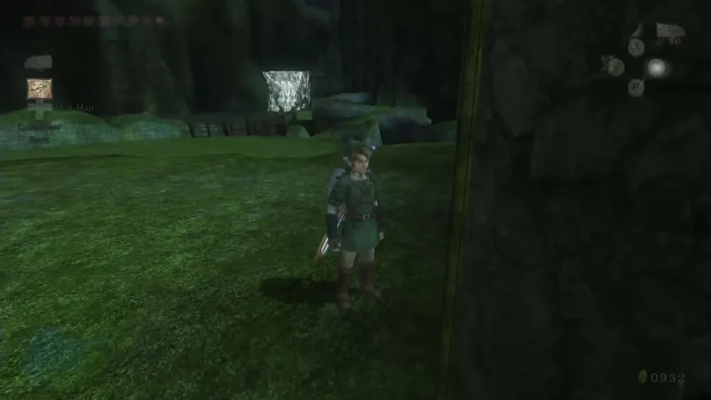 Link on the grass at night beside a rock wall in the south-west of Lake Hylia Link on the grass at night beside a rock wall in the south-west of Lake Hylia
