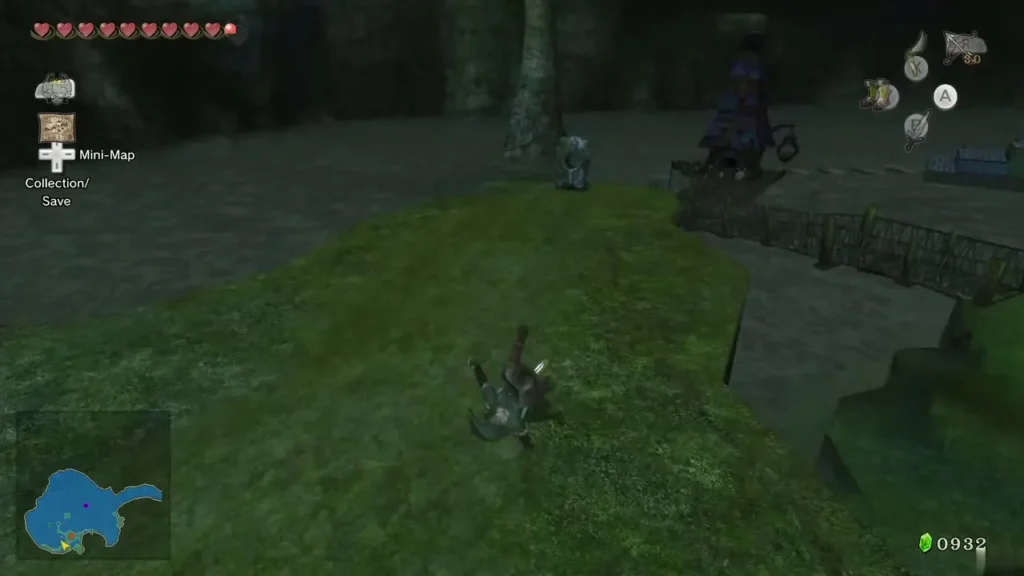 Link crouched on the grass above a wooden bridge at night Link crouched on the grass above a wooden bridge at night