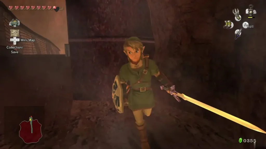 Link with the sword in the lava-lit cave north of the bridge Link with the sword in the lava-lit cave north of the bridge
