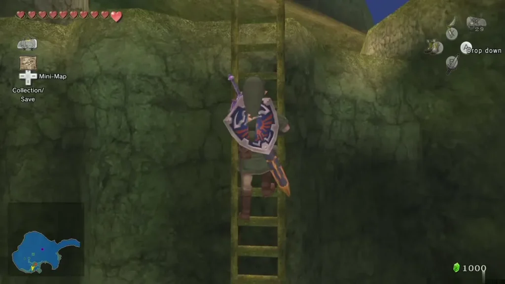 Link climbing a wooden ladder up the south-west cliffs of Lake Hylia Link climbing a wooden ladder up the south-west cliffs of Lake Hylia