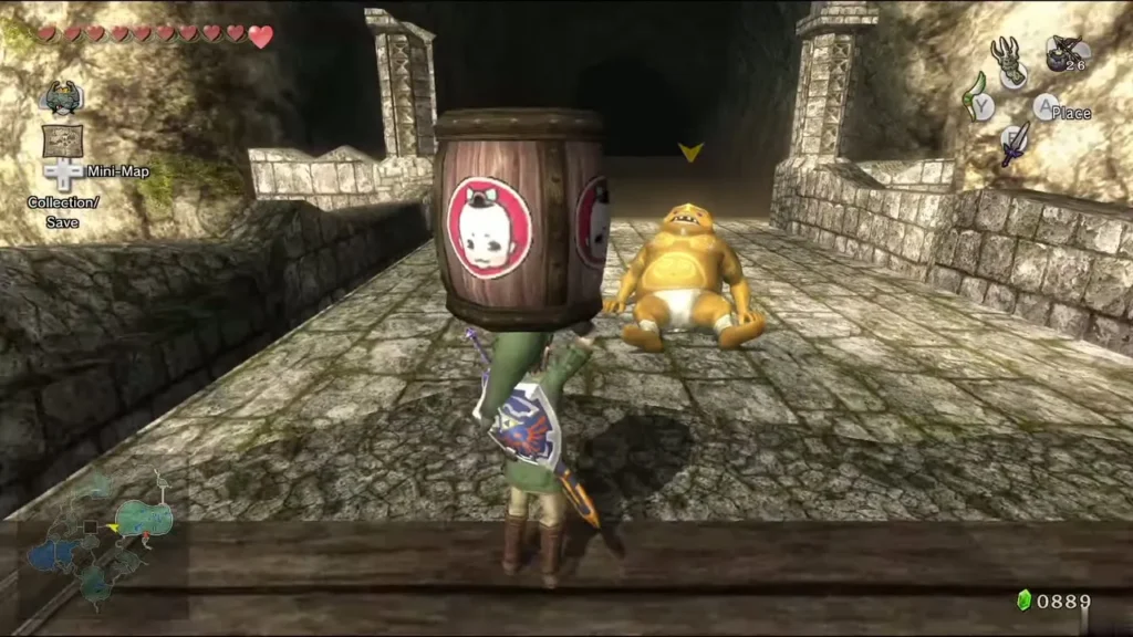 Link holding the barrel up in front of the Goron at the bridge Link holding the barrel up in front of the Goron at the bridge