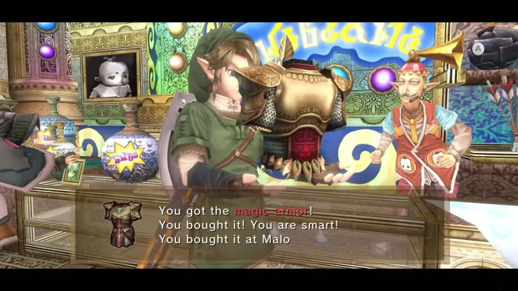 Link receiving the Magic Armor with the bought-at-Malo-Mart message box Link receiving the Magic Armor with the bought-at-Malo-Mart message box