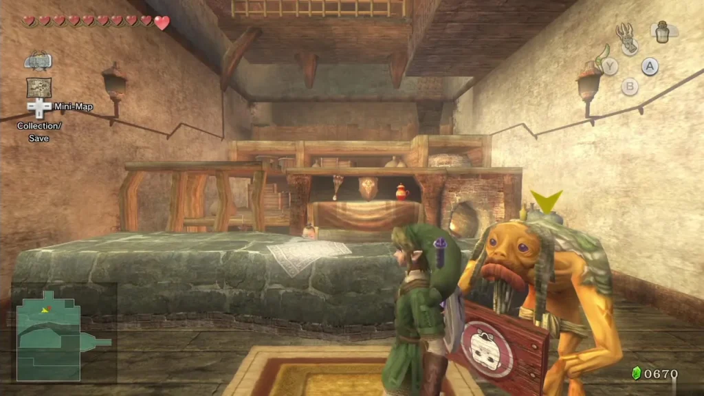 Link standing in Malo Mart after paying, with the Rupee count down to 670 Link standing in Malo Mart after paying, with the Rupee count down to 670