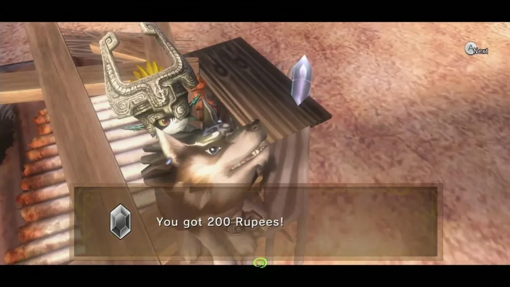 Midna riding Link in wolf form beside a 200 Rupee crystal message Midna riding Link in wolf form beside a 200 Rupee crystal message