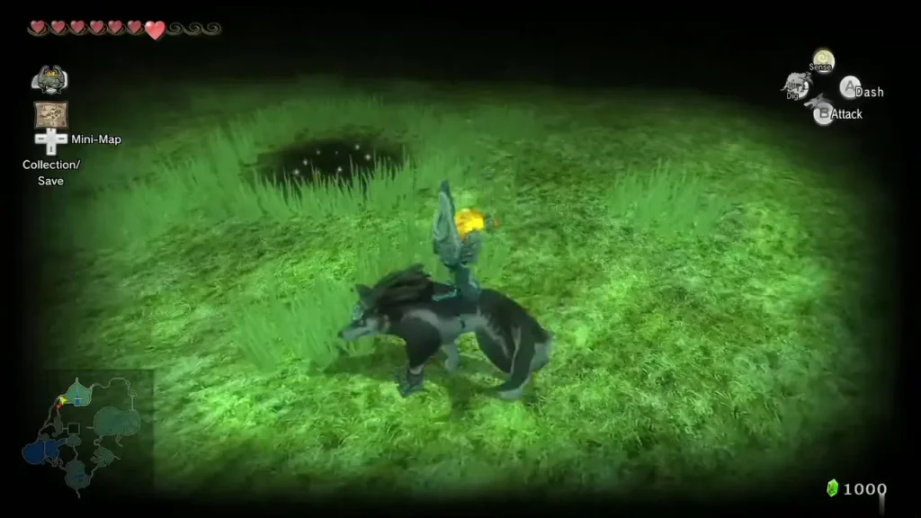 Wolf Link and Midna beside a freshly dug hole in the grass of North Hyrule Field Wolf Link and Midna beside a freshly dug hole in the grass of North Hyrule Field