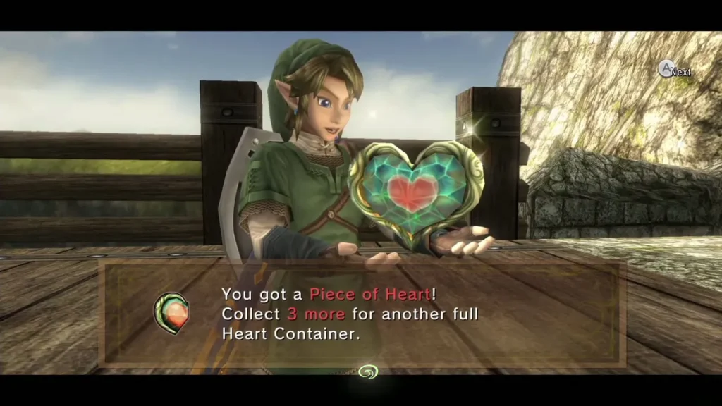 Link holding up Piece of Heart after the Goron dropped it on the bridge Link holding up Piece of Heart after the Goron dropped it on the bridge