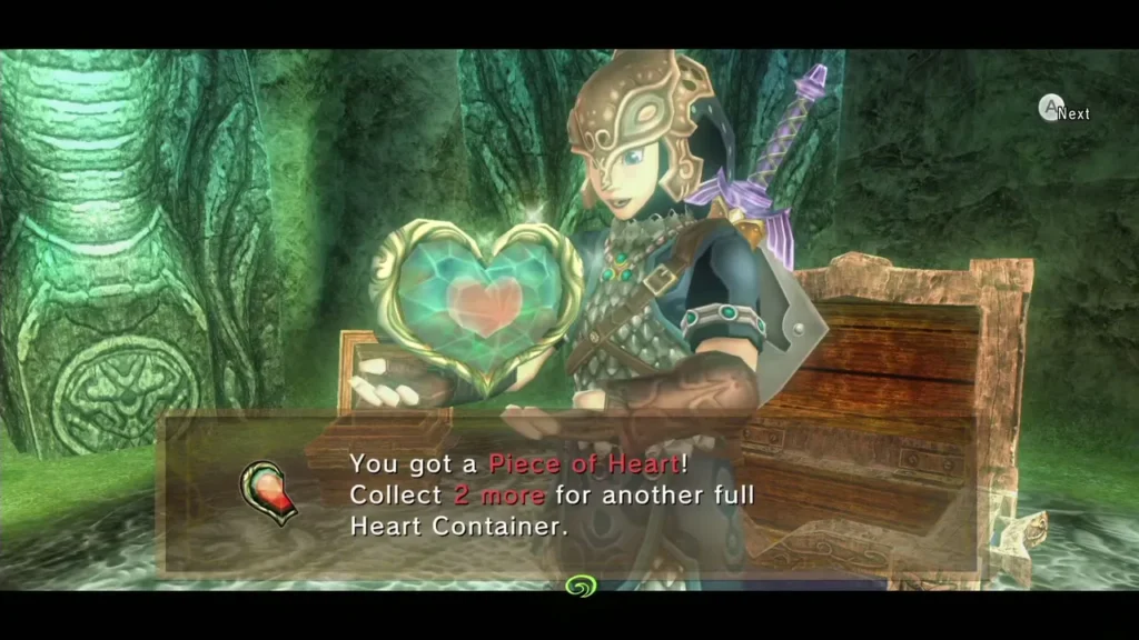 Link holding up a Piece of Heart with its message box beside an open chest Link holding up a Piece of Heart with its message box beside an open chest