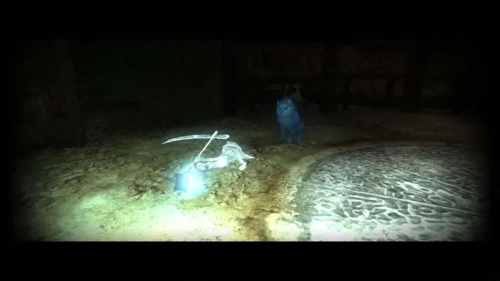 Wolf Link with Midna striking a Poe in a dark cavern, red target arrow over it Wolf Link with Midna striking a Poe in a dark cavern, red target arrow over it