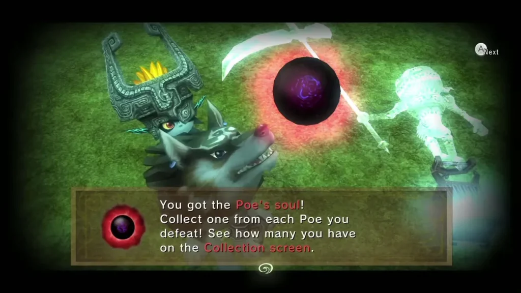 The You got the Poe's soul message box over Wolf Link and Midna on a grassy field The You got the Poe's soul message box over Wolf Link and Midna on a grassy field