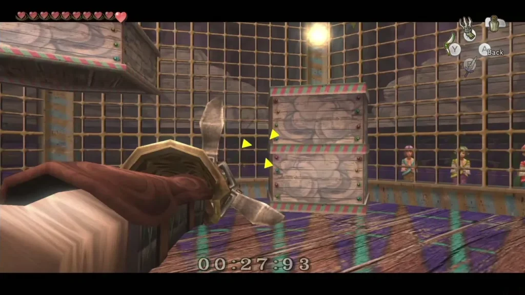 Link using the Clawshot in the STAR Game cage with the timer running Link using the Clawshot in the STAR Game cage with the timer running