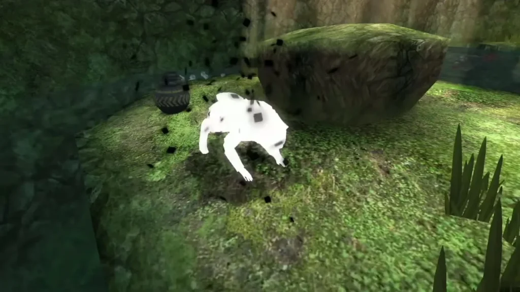 Wolf Link digging in a circle of grass beside a mossy boulder Wolf Link digging in a circle of grass beside a mossy boulder