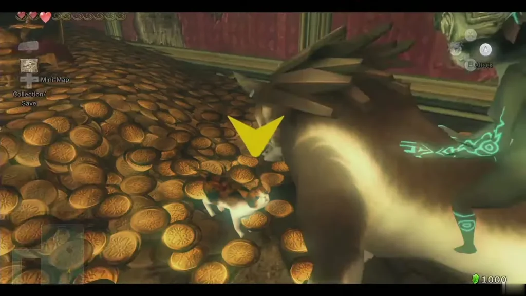 Wolf Link beside the cat Gengle on a floor of gold coins Wolf Link beside the cat Gengle on a floor of gold coins