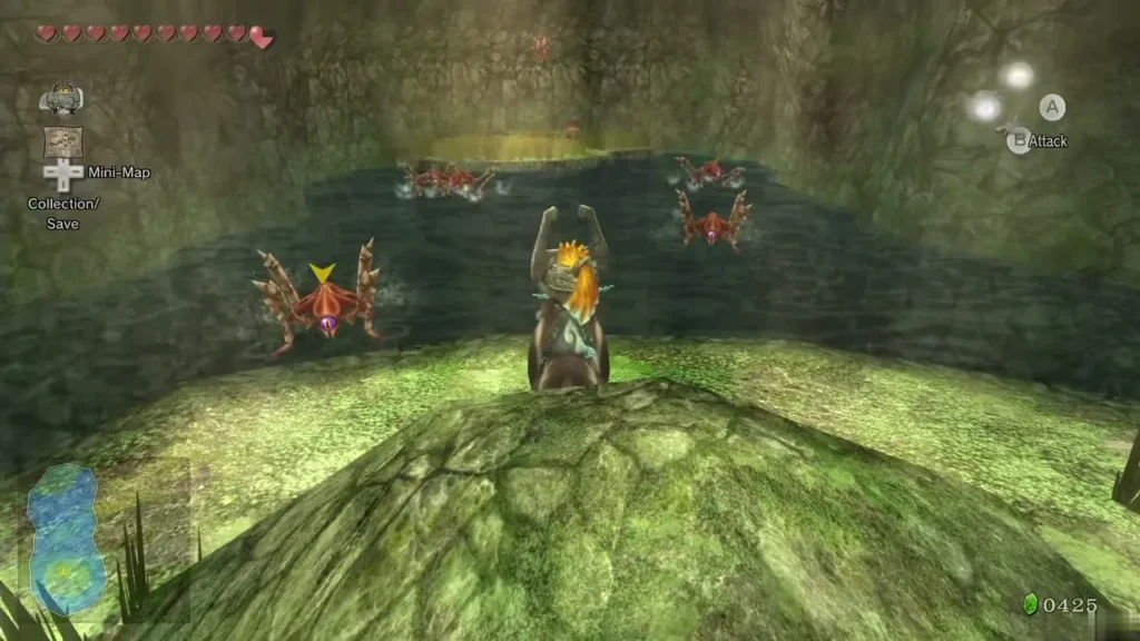 Wolf Link facing armored Helmasaurs in a green-lit cave arena Wolf Link facing armored Helmasaurs in a green-lit cave arena