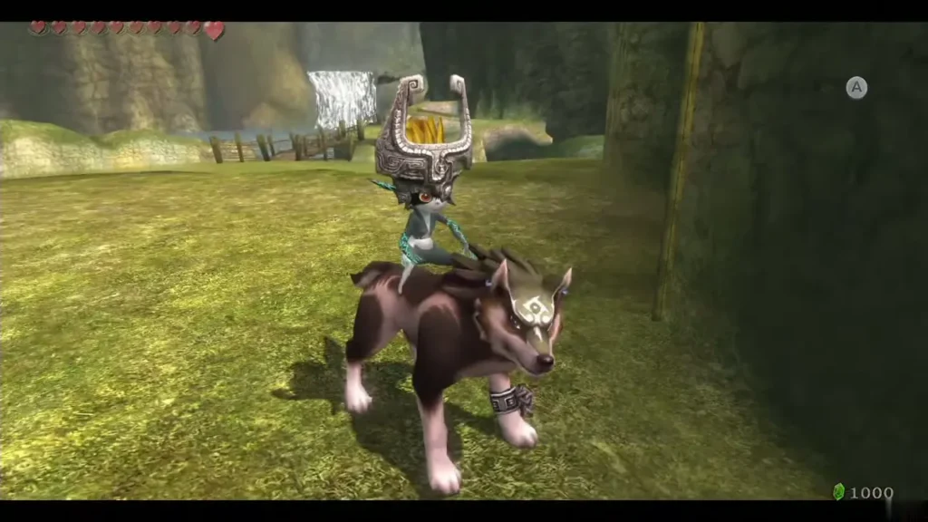 Wolf Link carrying Midna across a grassy field toward the cliffs Wolf Link carrying Midna across a grassy field toward the cliffs