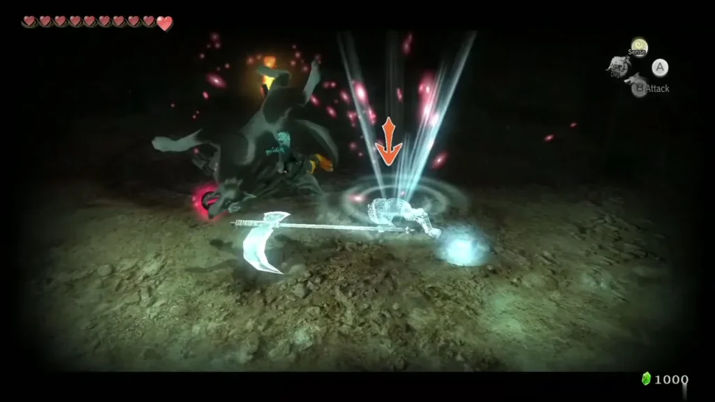 Wolf Link and Midna fighting a Poe in a torch-lit cavern room Wolf Link and Midna fighting a Poe in a torch-lit cavern room
